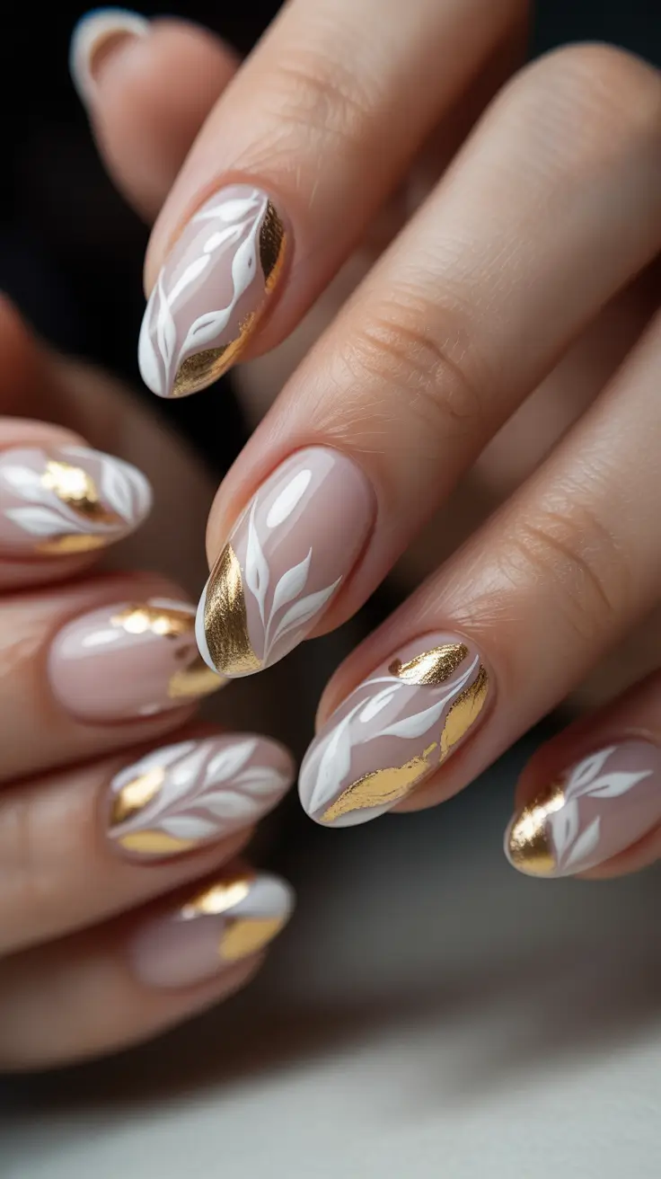 Stylish Almond Nails 2026 Golden Petal Veins
