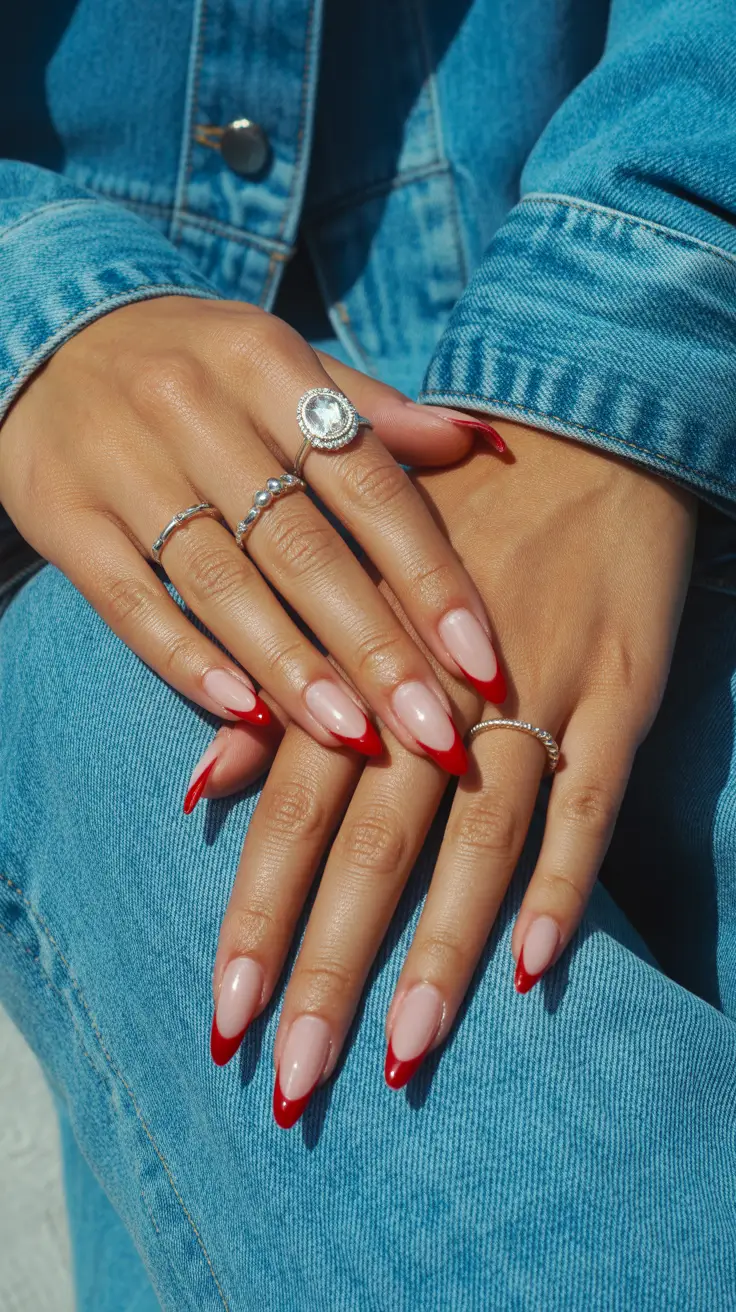 Stylish French Nails 2026 Sharp Red French With a Casual Denim Mood
