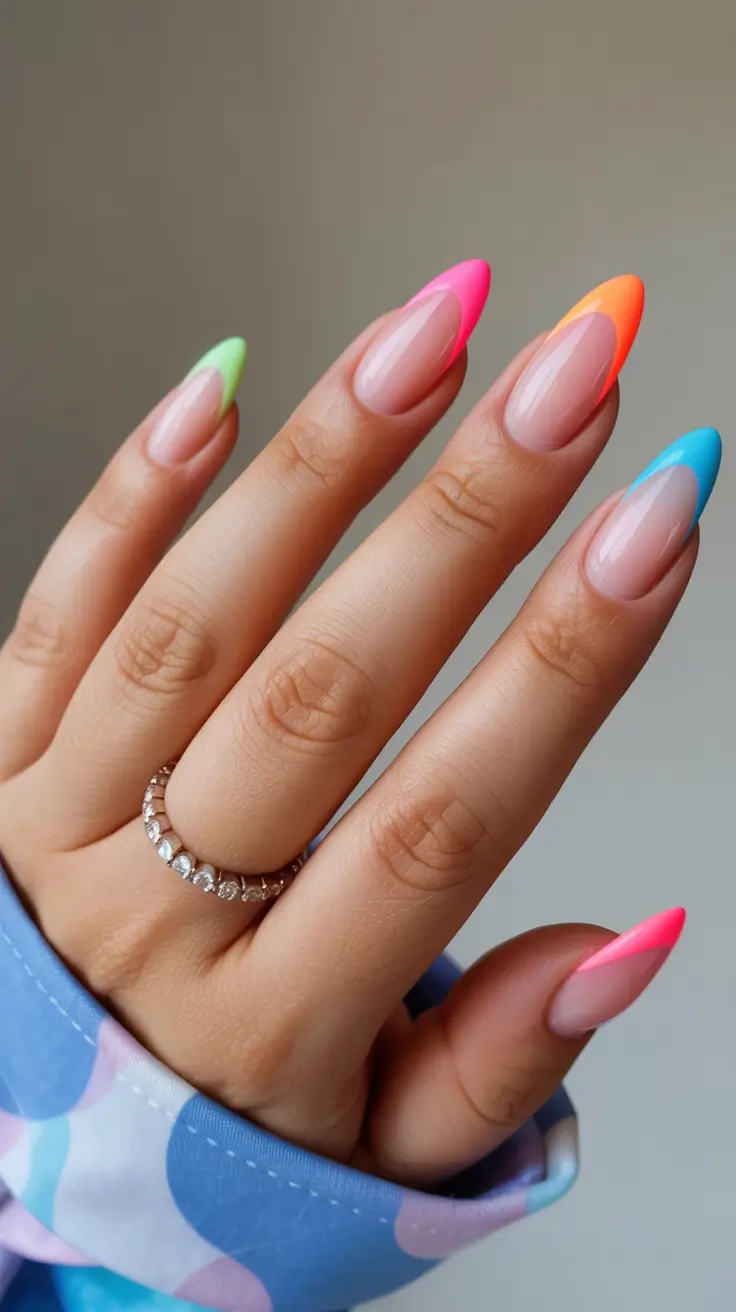 Stylish French Nails 2026 Multicolor Neon French With a Soft Nude Base