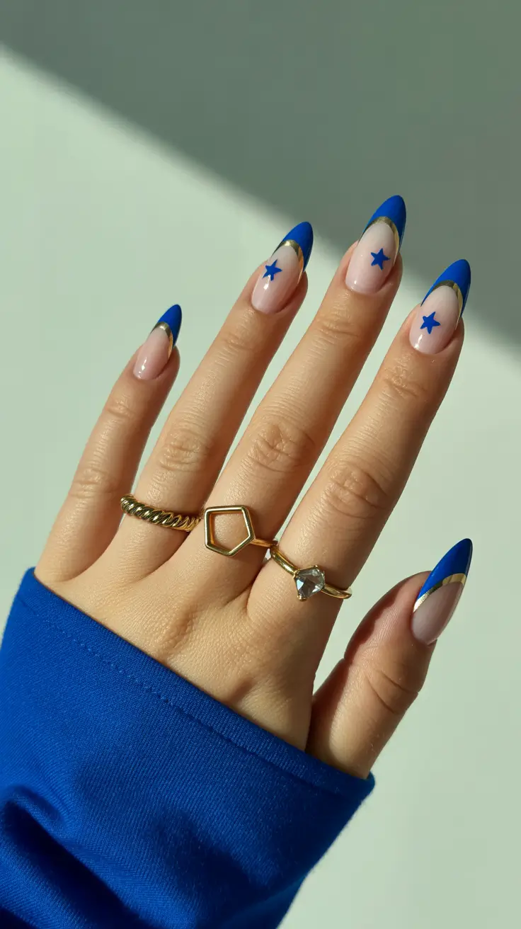 Stylish French Nails 2026 Blue French Nails With Minimal Star Art