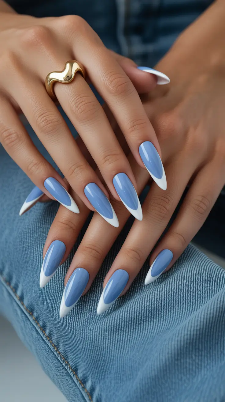 Stylish French Nails 2026 Soft Blue French with Sharp White Tips