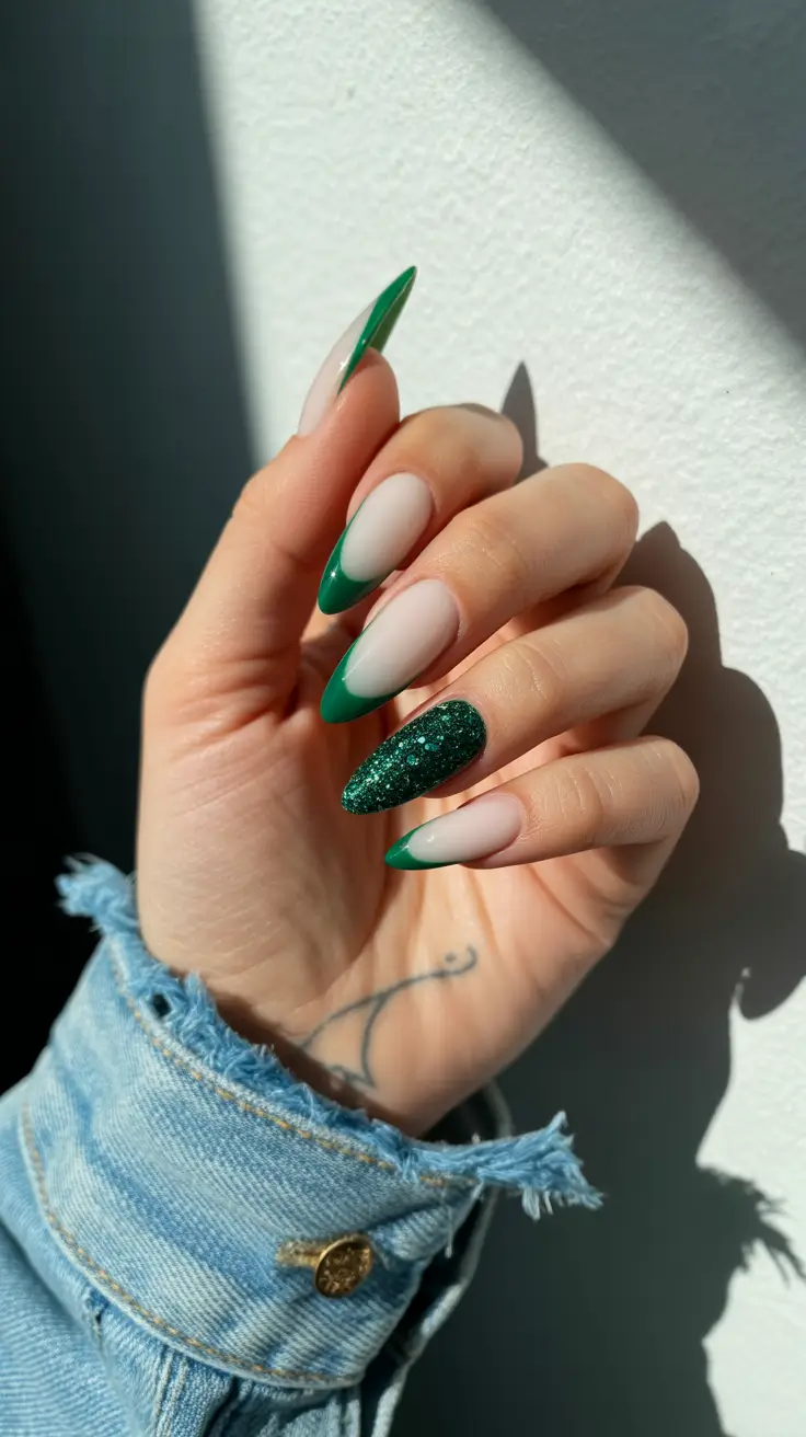 Stylish French Nails 2026 Green French with Glitter Accent