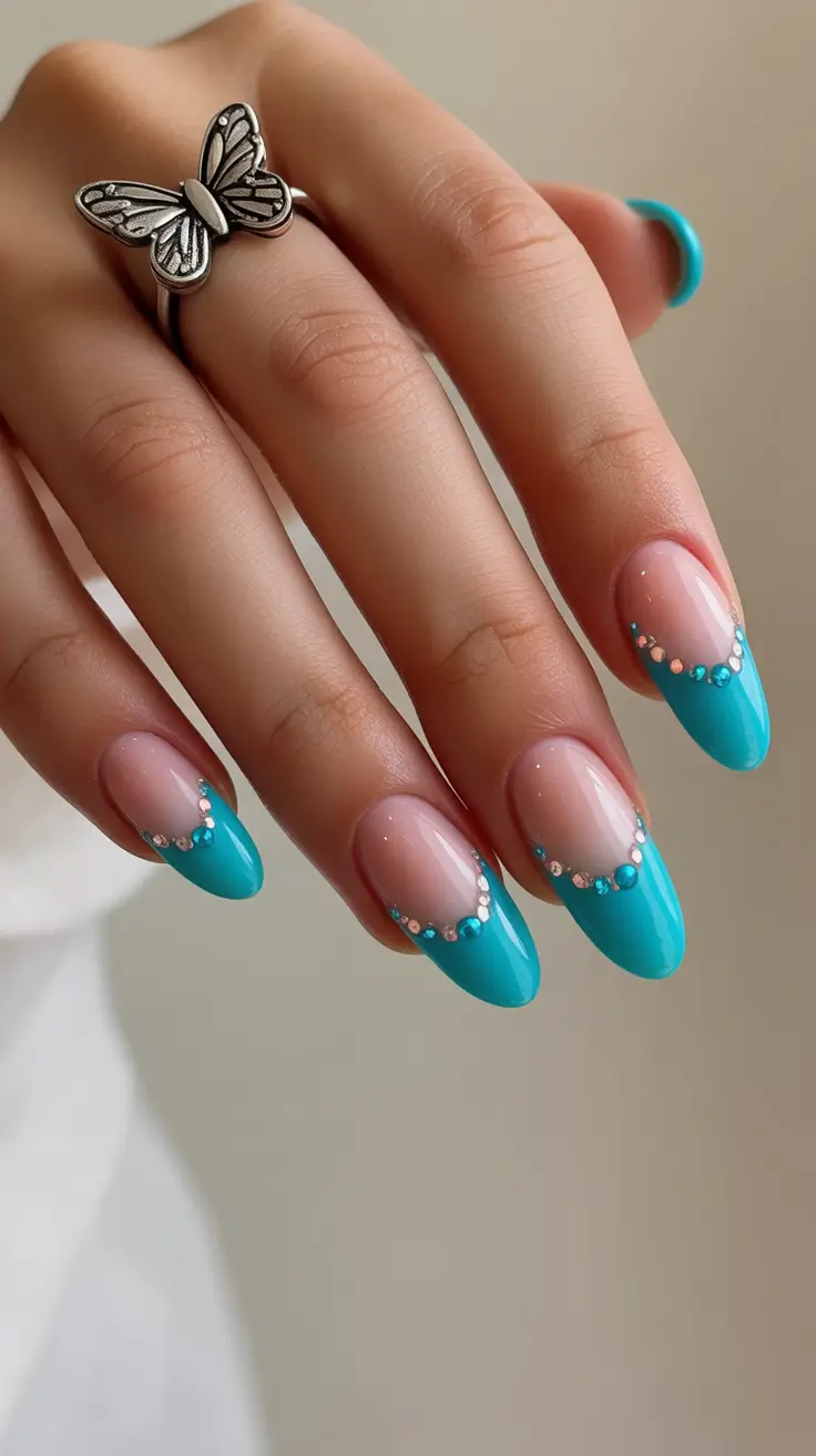 Stylish French Nails 2026 Turquoise French with Rhinestone Details