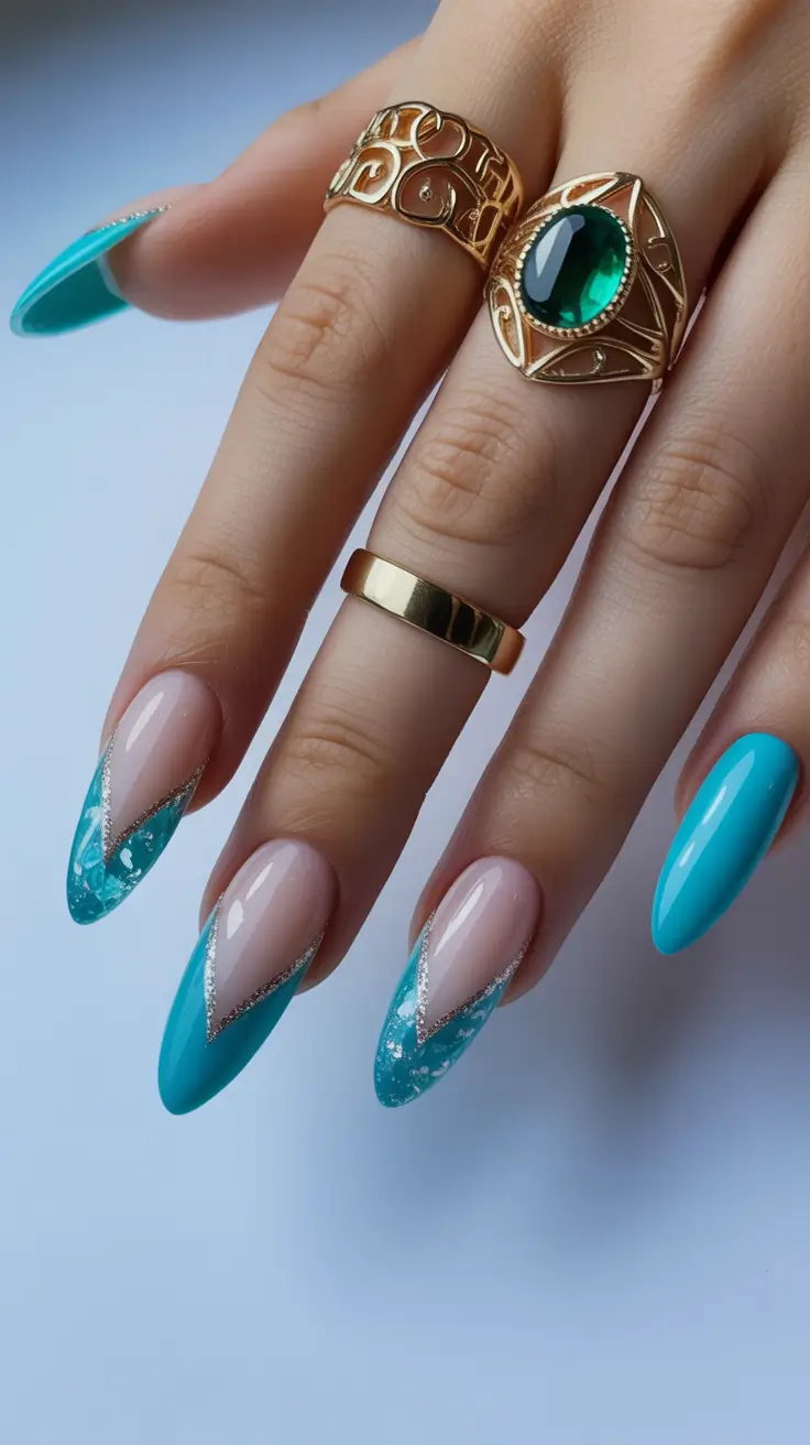 Stylish French Nails 2026 Modern Turquoise French with Metallic Accents