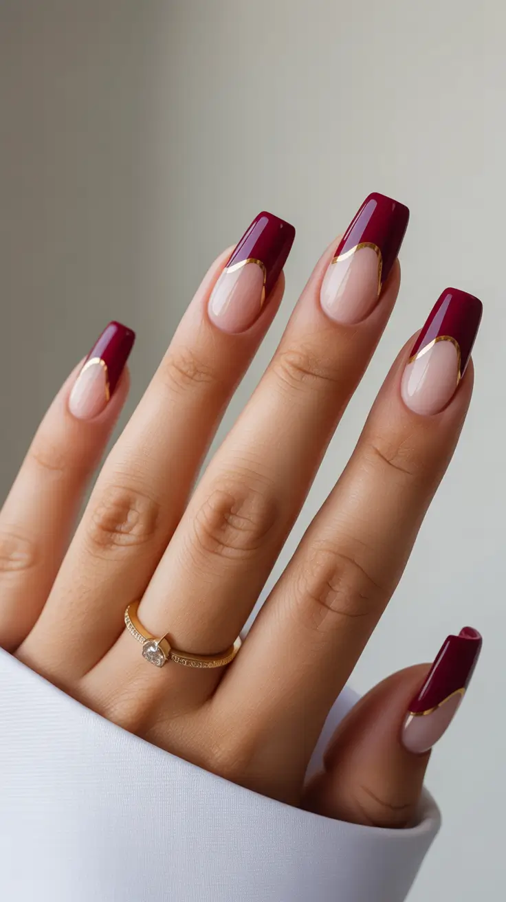 Stylish French Nails 2026 Burgundy French with Gold Outline