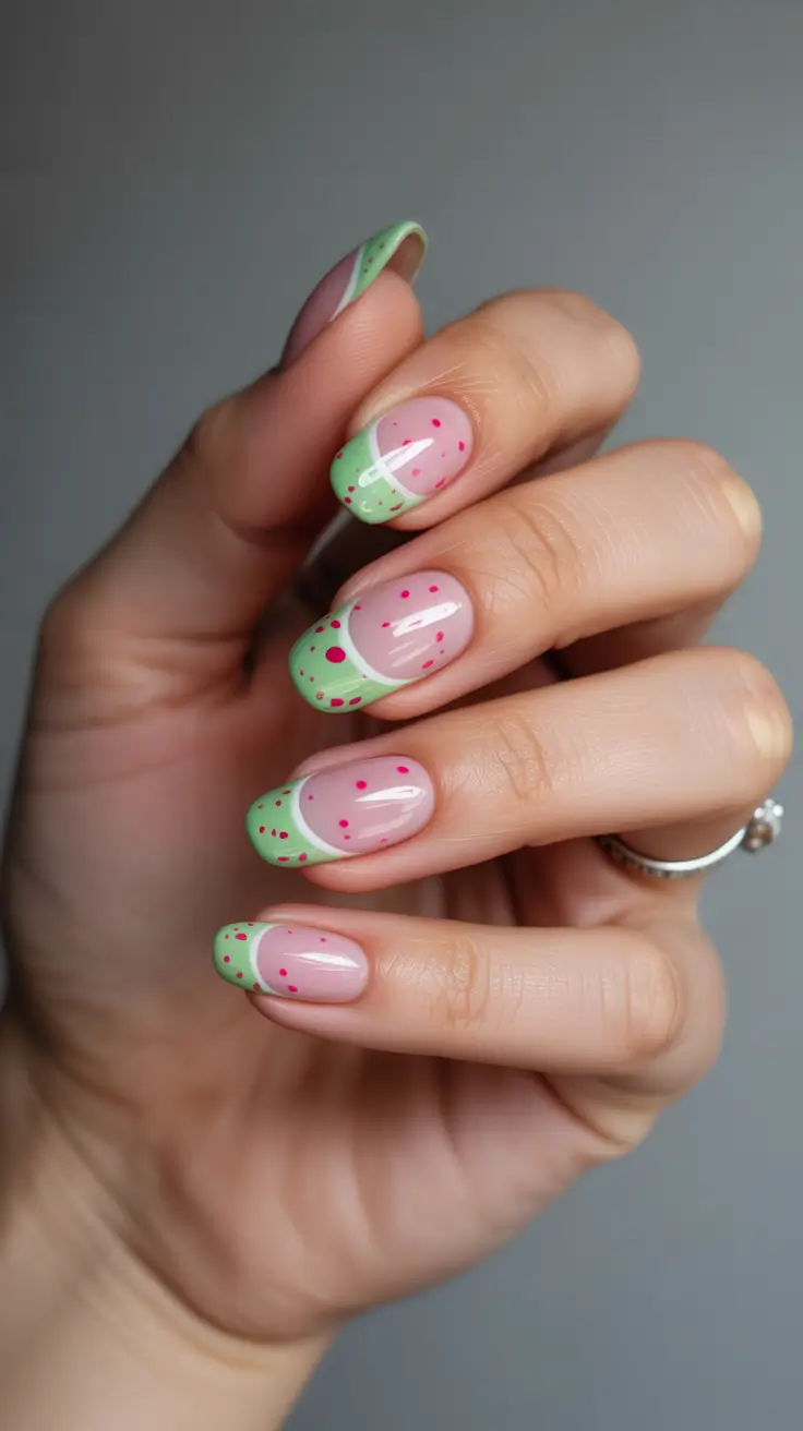 Stylish French Nails 2026 Cute Green French with Confetti Dots
