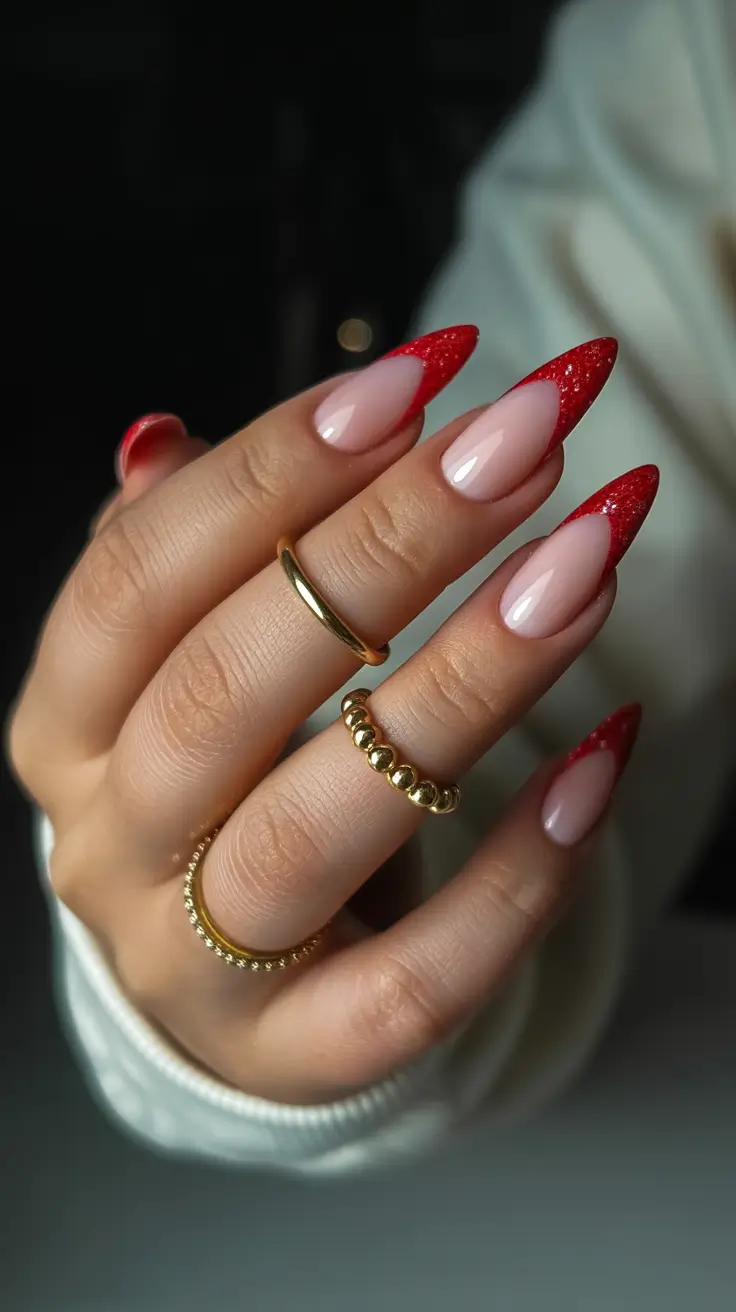 Stylish French Nails 2026 Red Glitter French With a Glossy Finish