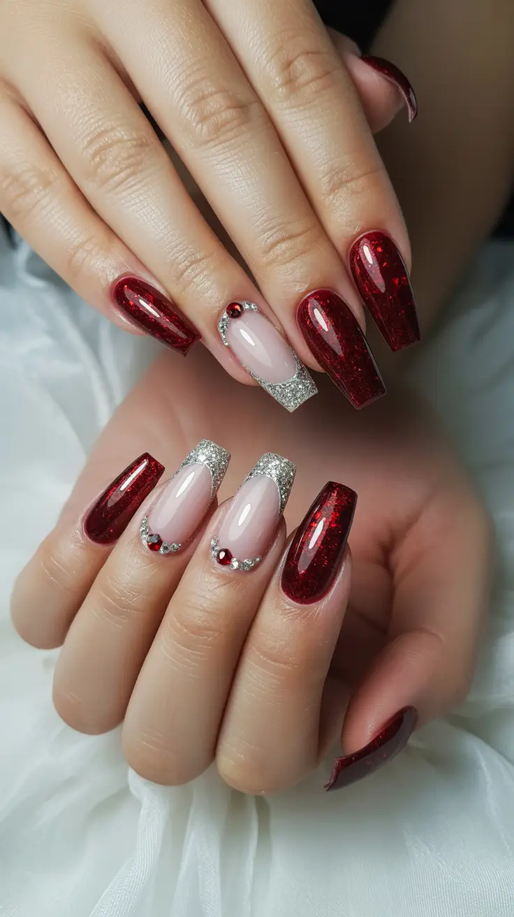 Stylish French Nails 2026 Burgundy Glitter French With Jewel Accents