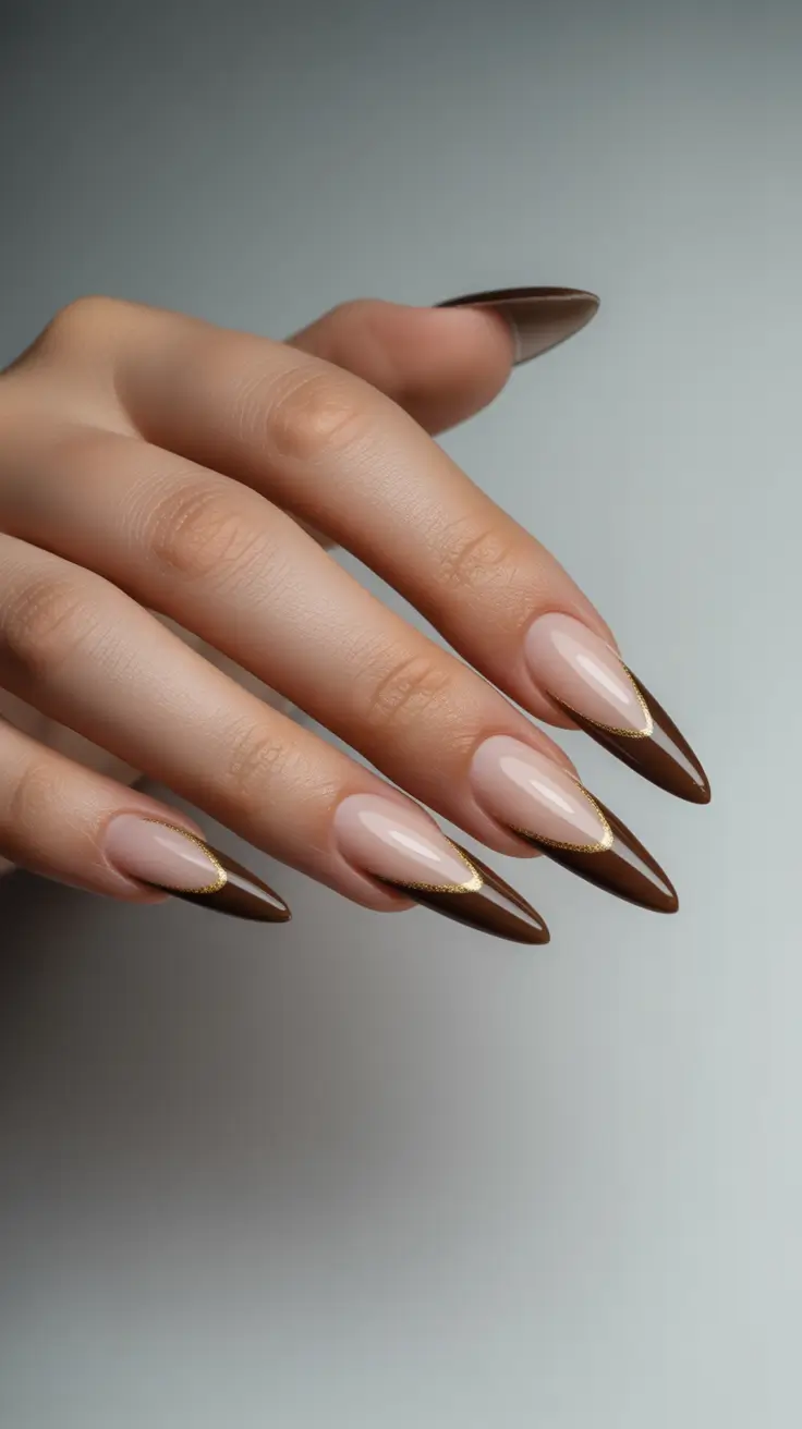 Stylish French Nails 2026 Brown French With Fine Gold Outline