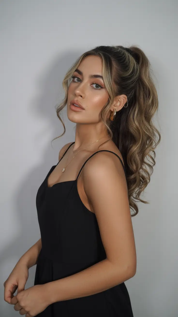 ponytail hairstyle 2026 Soft Waves with High Ponytail Glam
