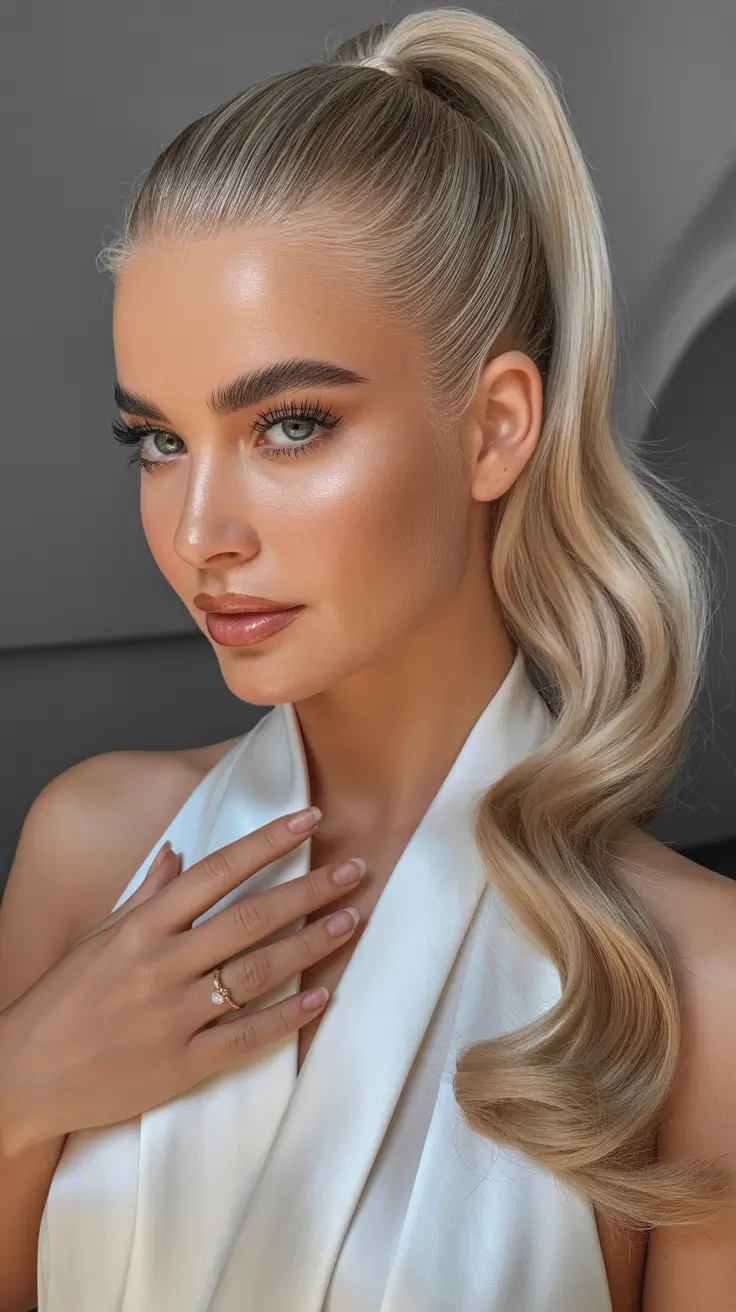 Straight hairstyle 2026 high ponytail with glam waves
