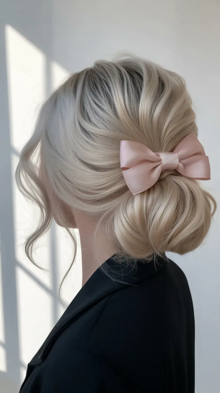 Straight hairstyle 2026 low bun with pink ribbon