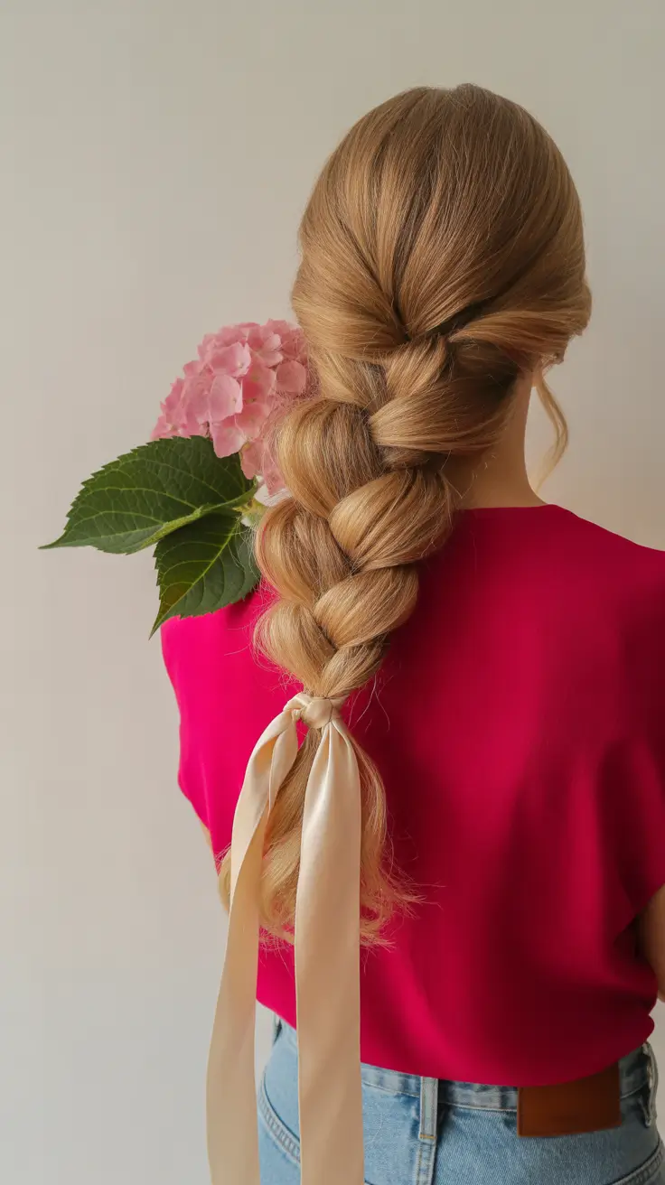 Straight hairstyle 2026 romantic braid with silk ribbon