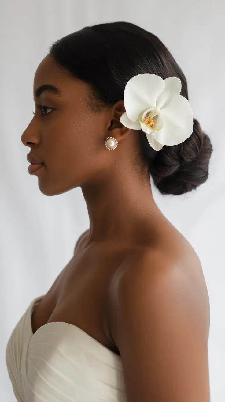 wedding hairstyle 2026 Floral Side Bun Serenity