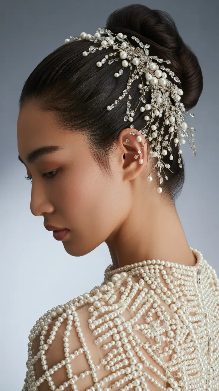wedding hairstyle 2026 Pearl Crown High Bun