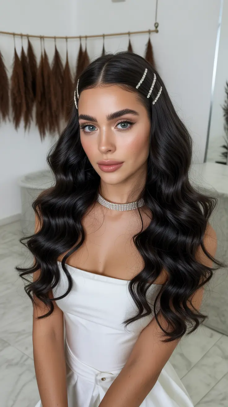 wedding hairstyle 2026 Glamorous Waves With a Touch of Sparkle