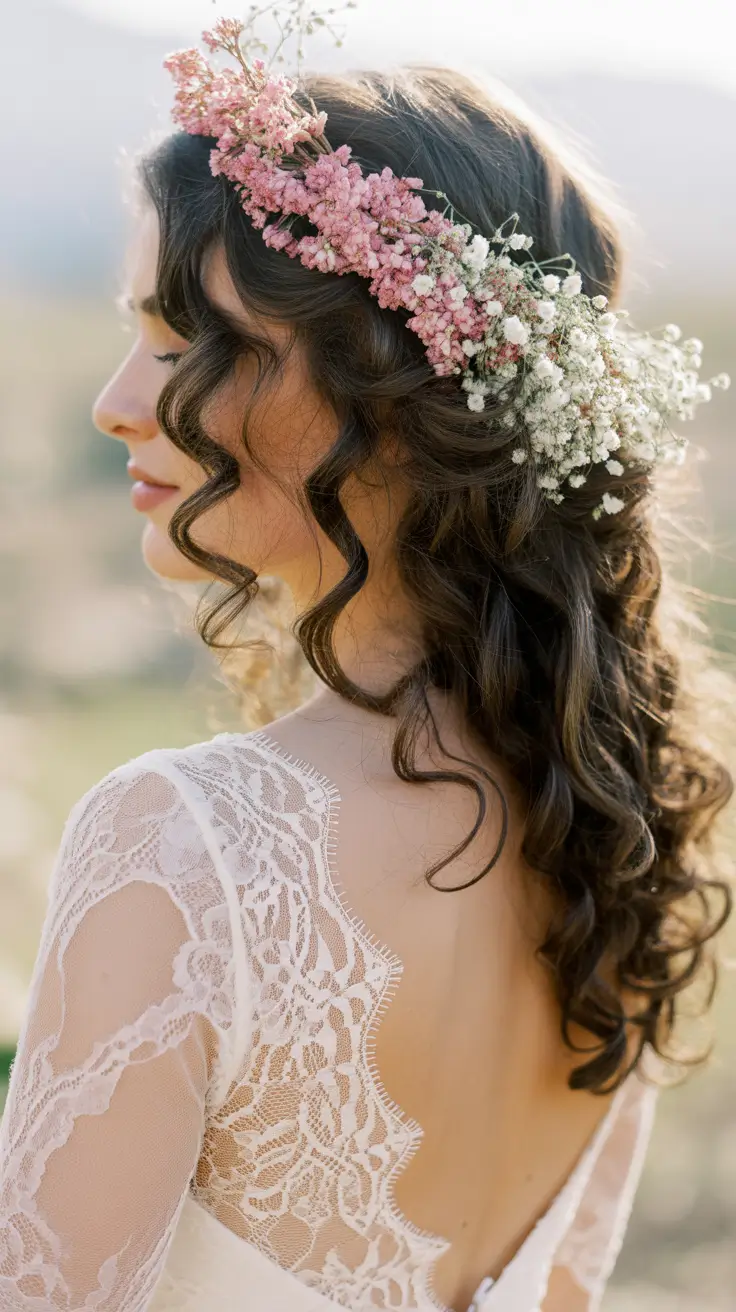 wedding hairstyle 2026 Romantic Curls With Floral Accents