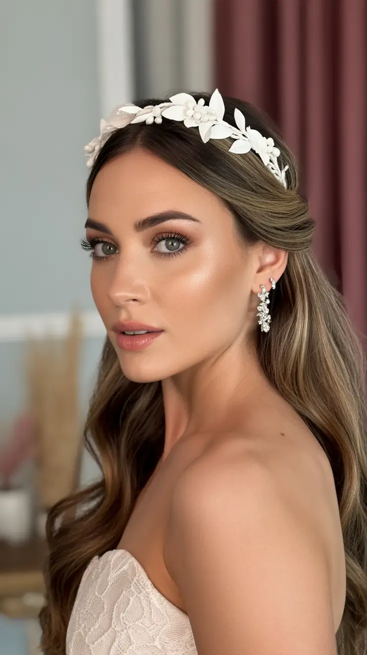wedding hairstyle 2026 Soft Waves with Floral Headband