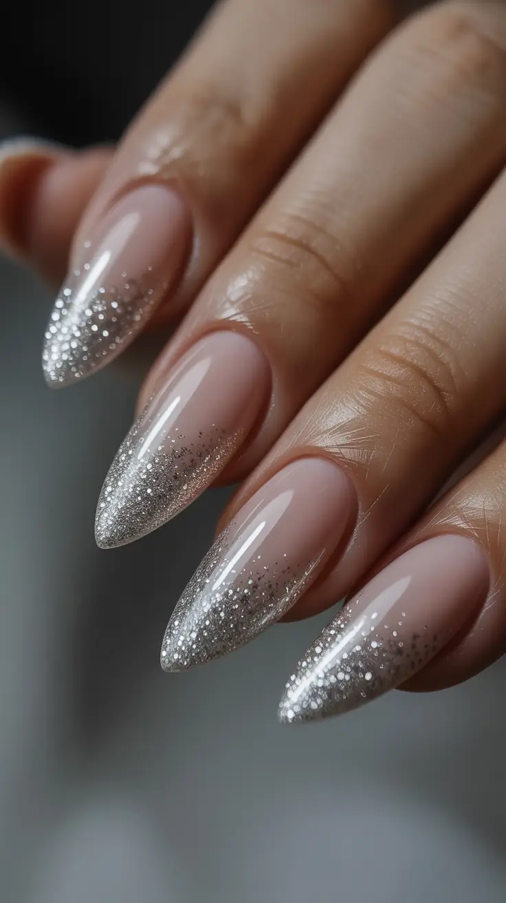 Wedding Nails Trend for Bride 2026 Silver Glitter Almond