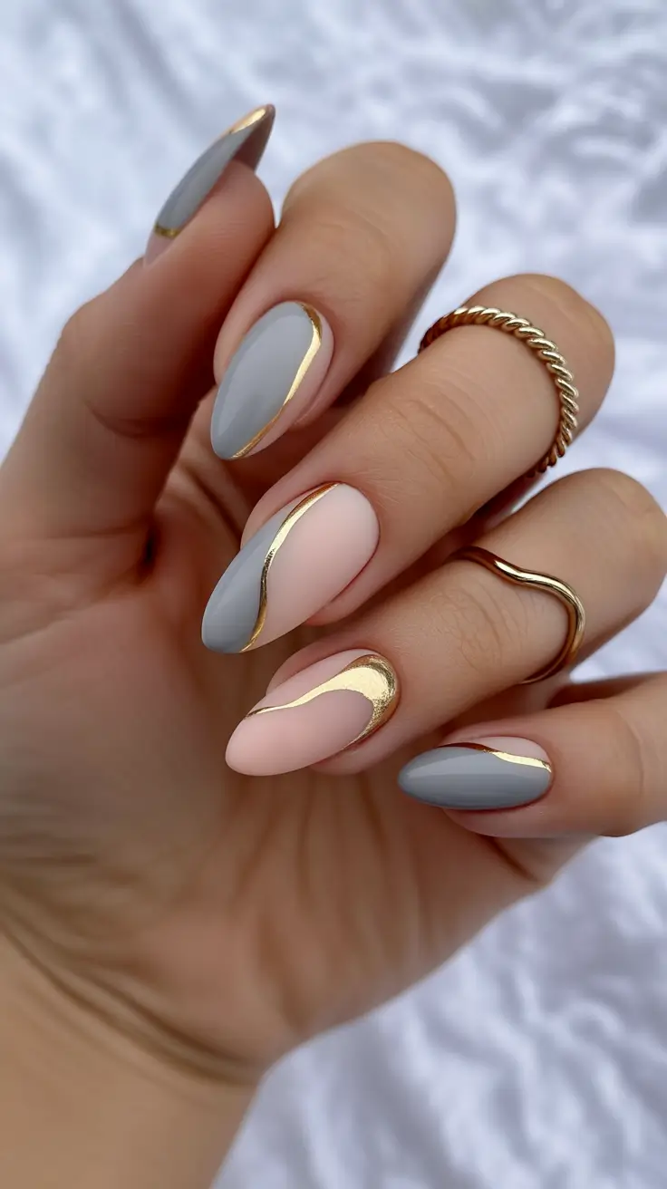 Wedding Nails Trend for Bride 2026 Grey Blush Gold