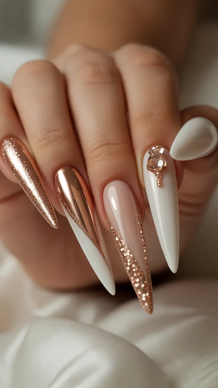 Wedding Nails Trend for Bride 2026 Rose Gold Stiletto