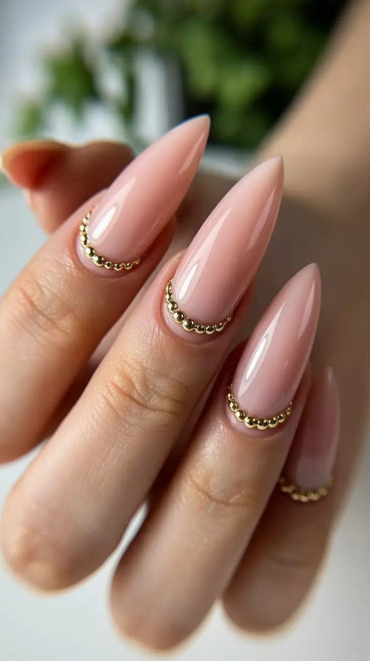 Wedding nails trend for bride 2026 Blush Almond with Gold Beads