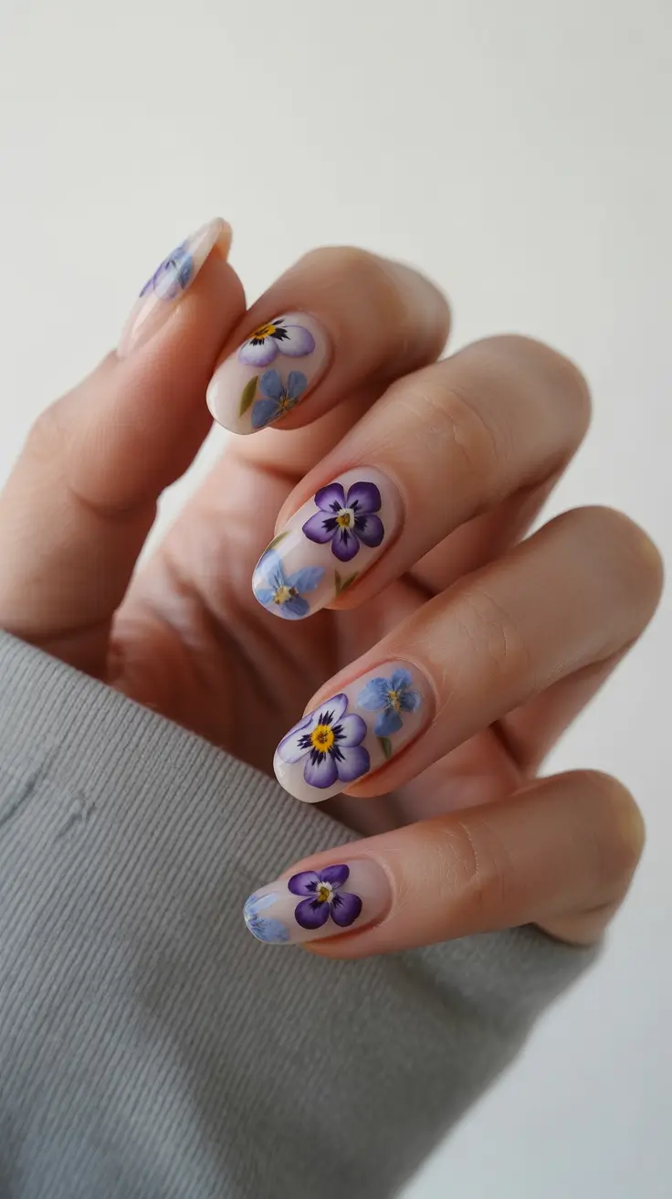 Wedding nails trend for bride 2026 Purple floral short nails
