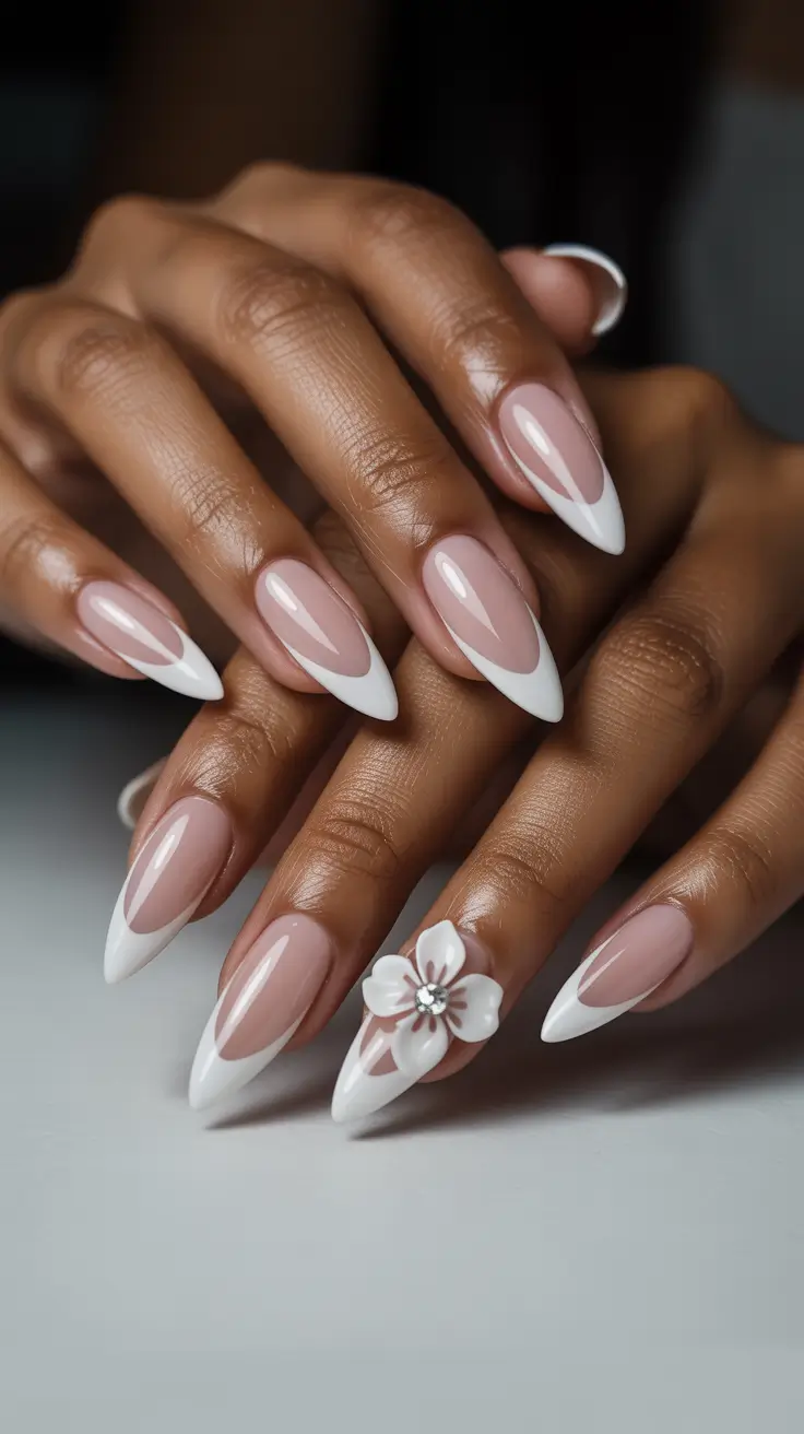 Wedding Nails Trend for Bride 2026 French Almond Flower