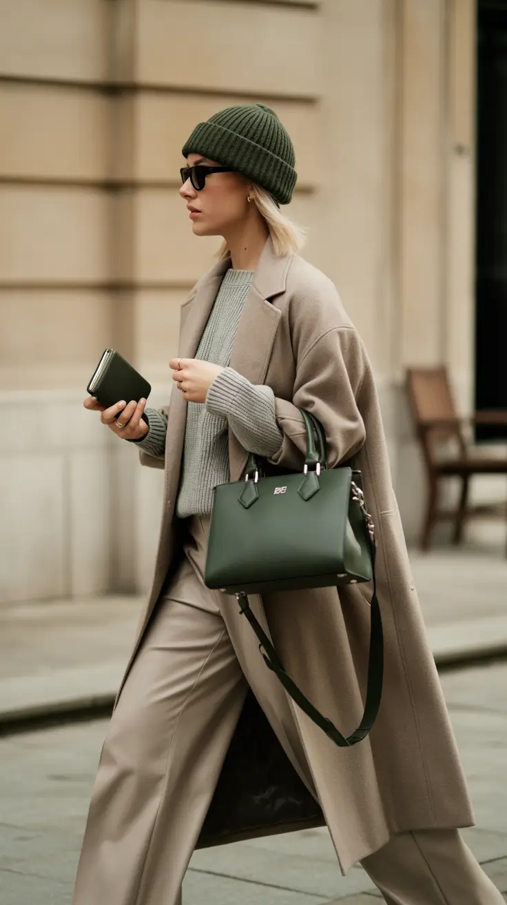 cold spring outfit 2026 Neutral Layers with Green Accessories