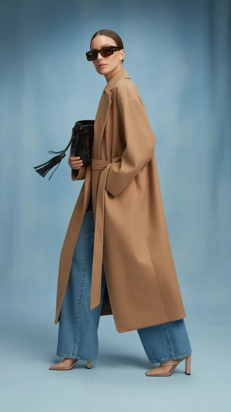 cold spring outfit 2026 Camel Belted Coat and Wide Leg Denim