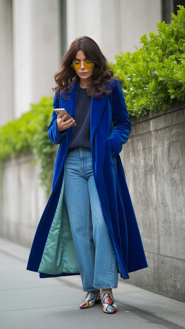 cold spring outfit 2026 Cobalt Coat and Casual Denim Walk