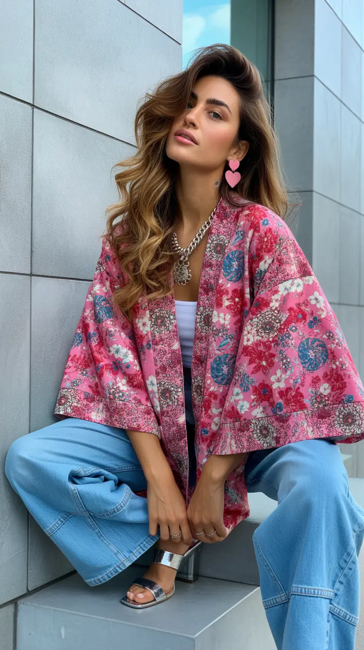 cold spring outfit 2026 Floral Kimono Layer for Aesthetic Denim