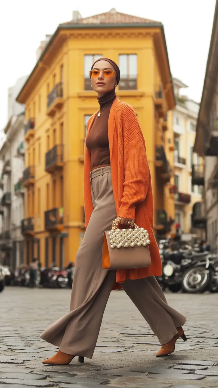 cold spring outfit 2026 Orange Cardigan and Warm Neutral Tailoring
