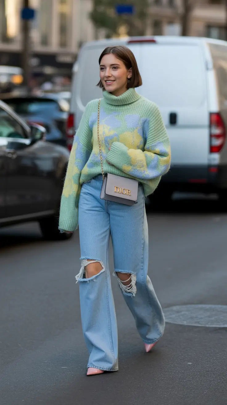 cold spring outfit 2026 Soft Pastel Knit With Relaxed Ripped Denim