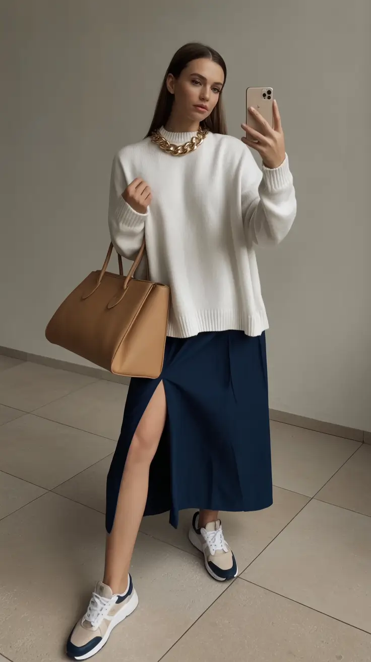 cold spring outfit 2026 White Sweater And Satin Skirt With Sneaker Cool