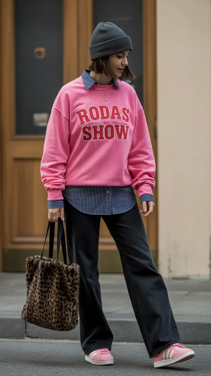 cold spring outfit 2026 Pink Sweatshirt Layering With Street Style Confidence
