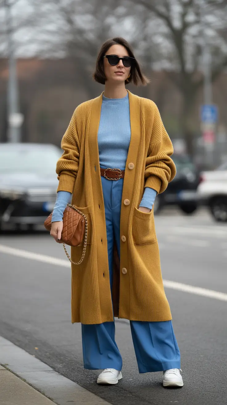cold spring outfit 2026 Mustard Cardigan and Sky Blue Tailoring
