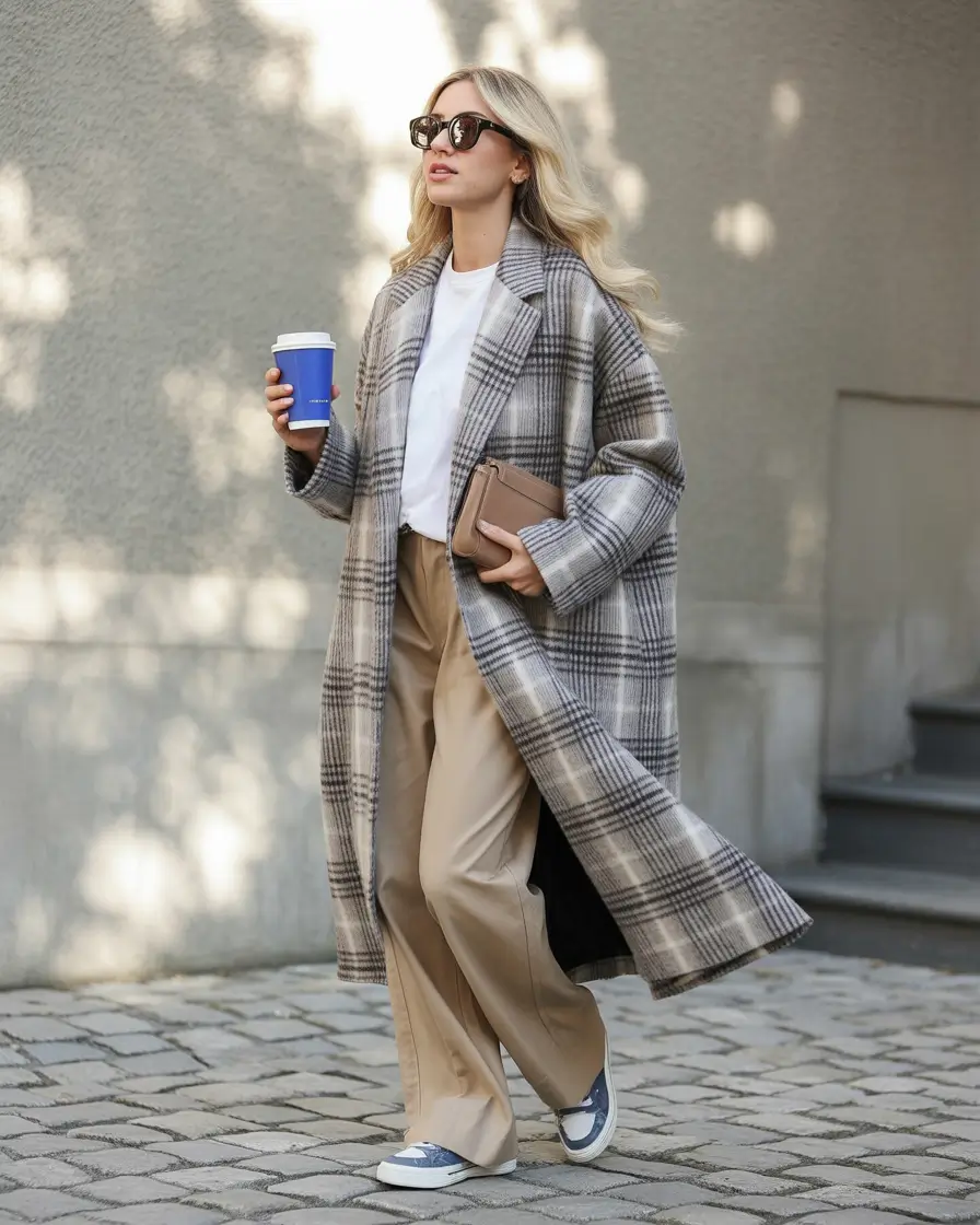 cold spring outfit 2026 Plaid Coat and Minimal Neutral Layers