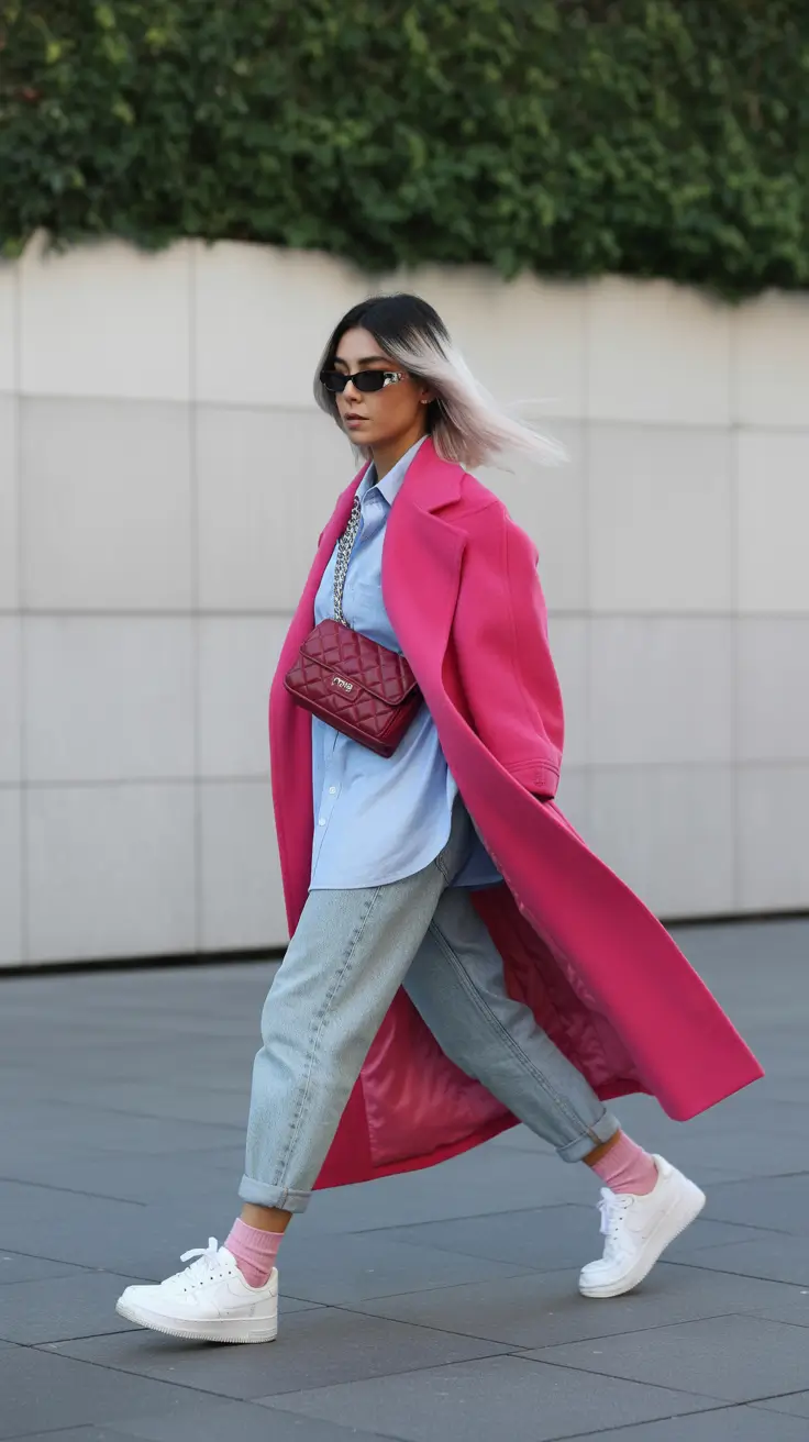 cold spring outfit 2026 Hot Pink Coat with Casual Denim Cool
