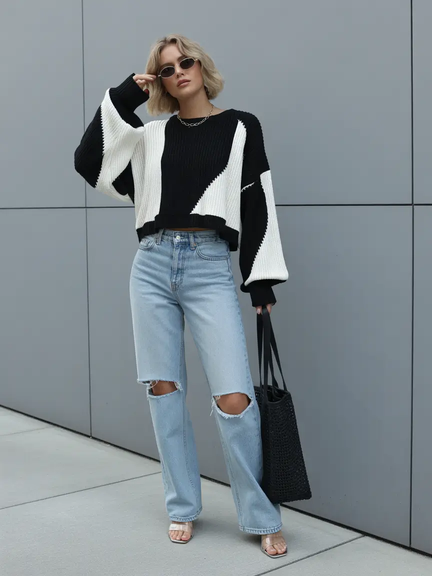 date spring outfits 2026 Black and White Knit with Ripped Jeans for a Casual Park Date