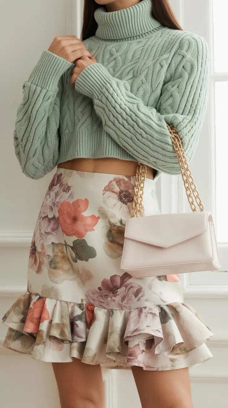 date spring outfits 2026 Mint Sweater and Floral Skirt for Brunch