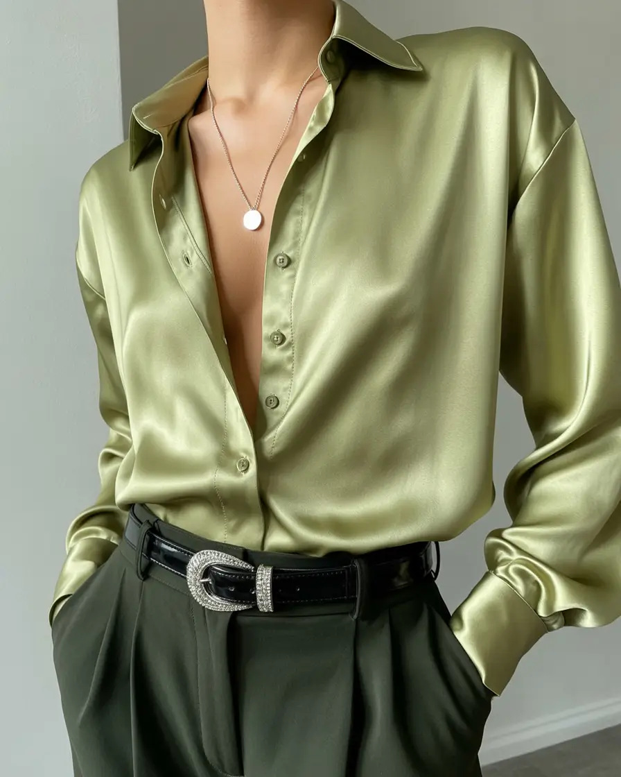 date spring outfits 2026 Silky Olive Shirt and Tailored Pants for Casual Dinner