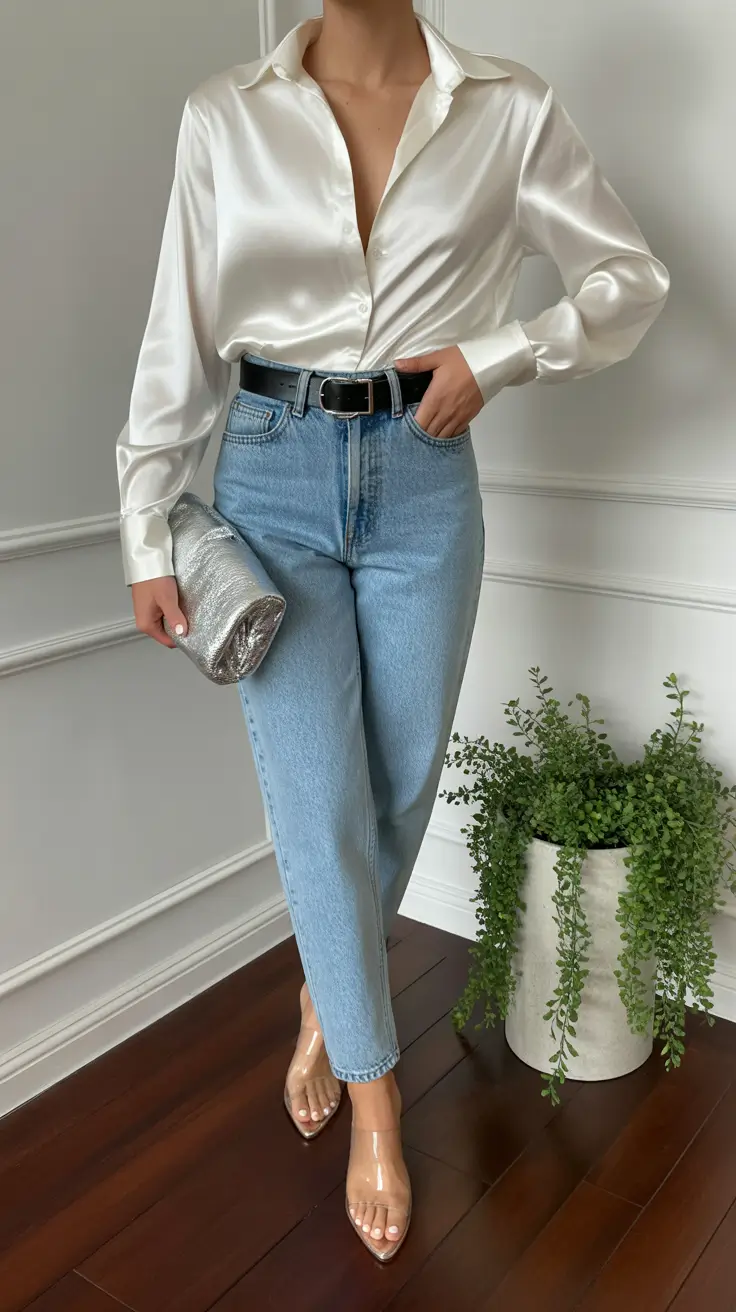 date spring outfits 2026 White Satin Shirt and Jeans for Coffee and a Movie