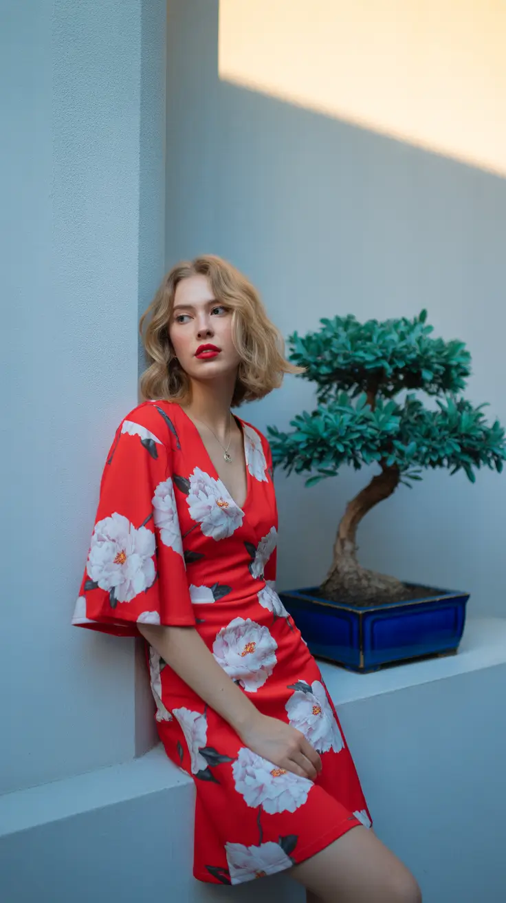 date spring outfits 2026 Red Floral Mini Dress for Coffee and Sunshine