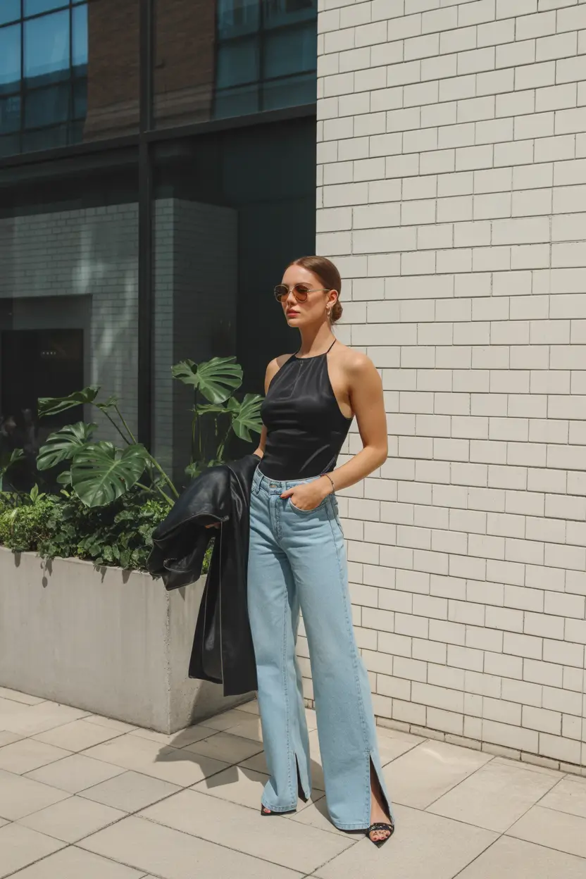date spring outfits 2026 Sleek Black Top and Light Denim for a Night Date