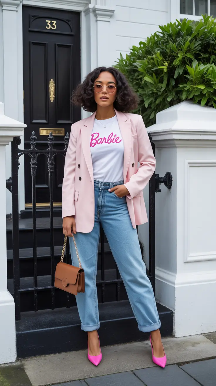 date spring outfits 2026 Pink Blazer and Barbie Tee for a First Coffee Date