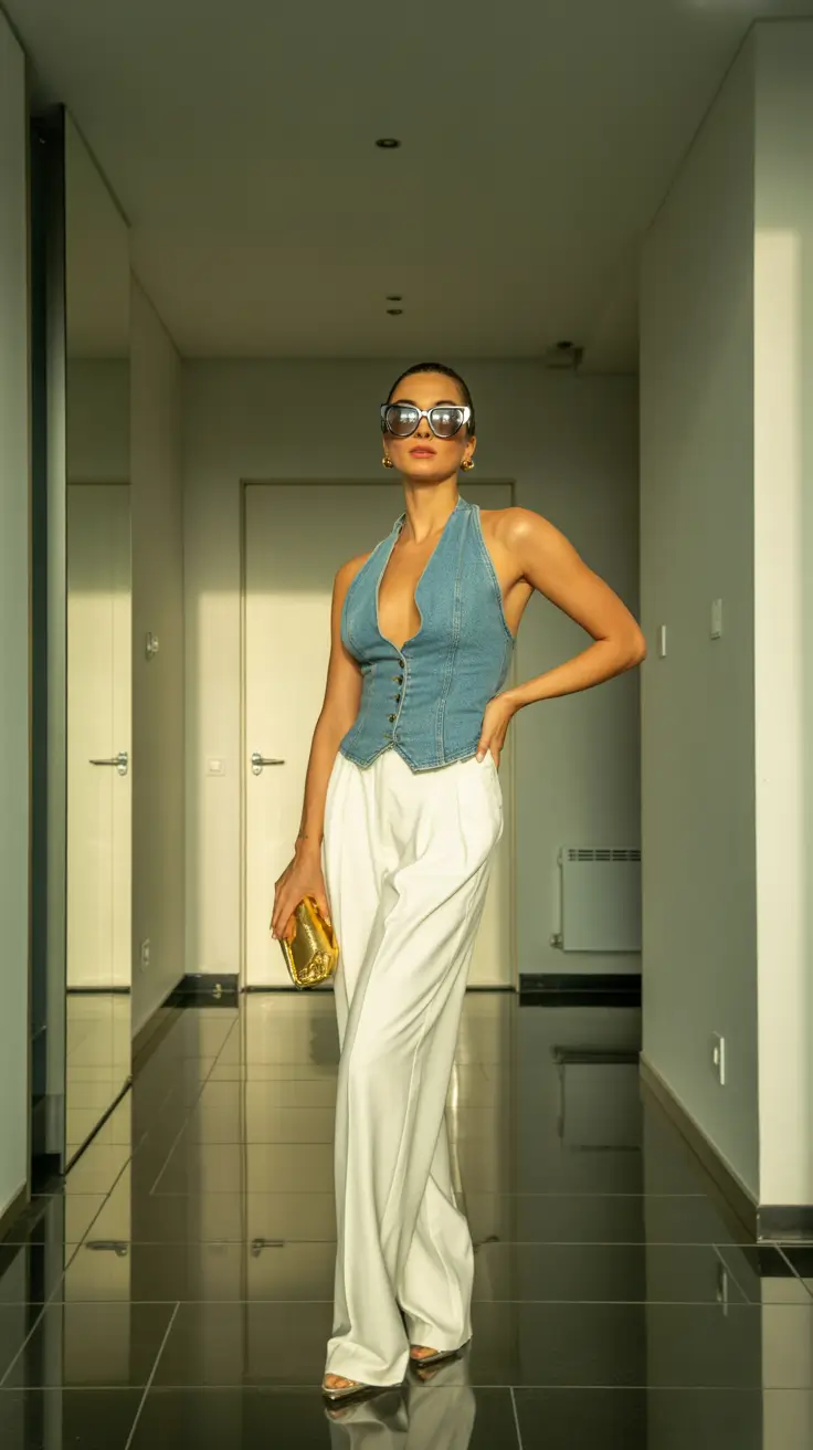 date spring outfits 2026 Denim Halter and White Pants for Brunch Energy