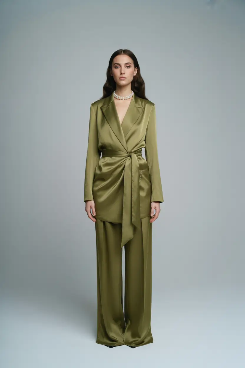 Spring formal outfits 2026 Olive Wrap Suit That Feels Effortless
