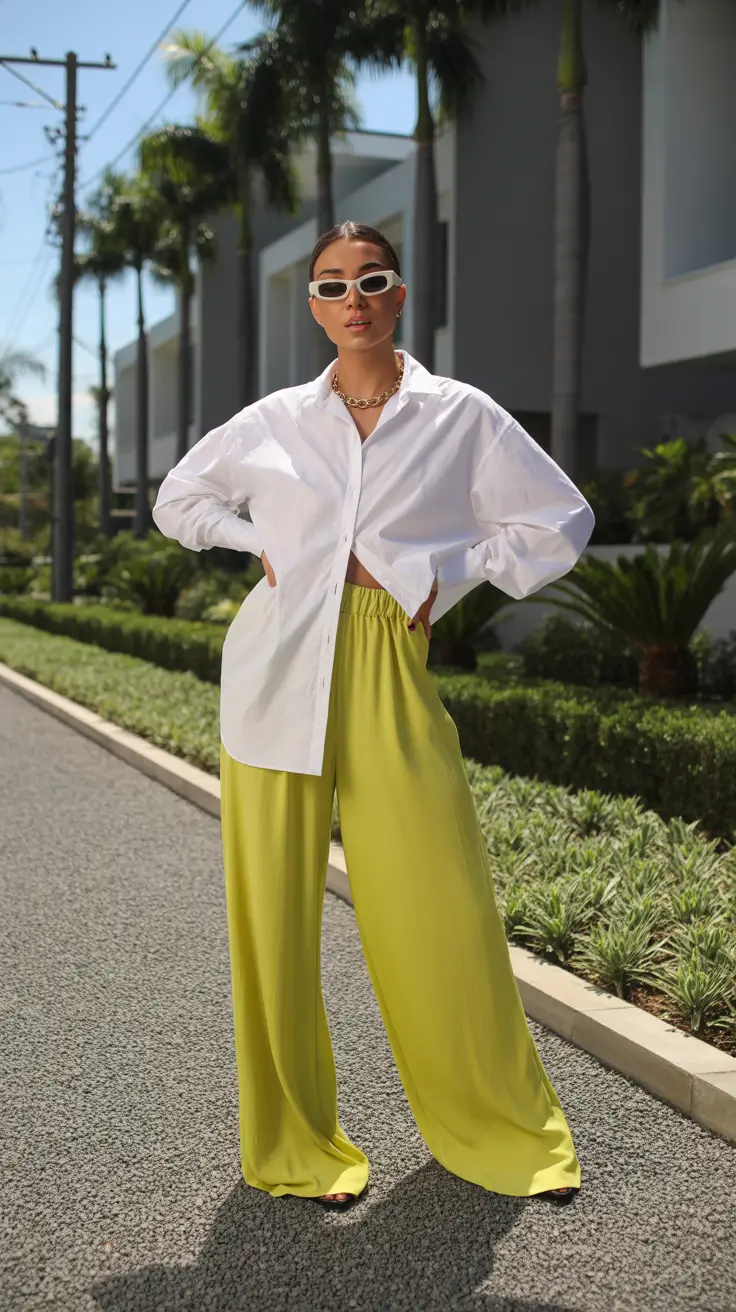 Spring formal outfits 2026 Oversized Shirt and Lime Satin Pants