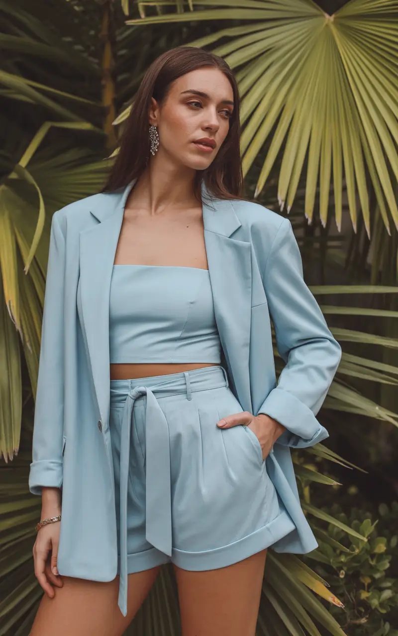 spring outfits with tops 2026 Powder Blue Suit Set With a Cropped Top